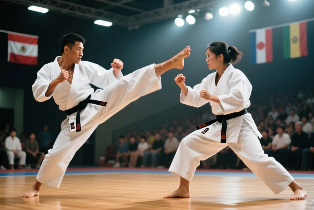 Two adult kumite fighters exchanging a high kick
